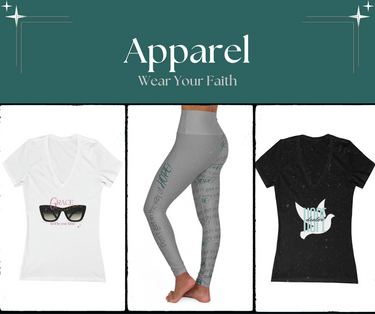 Elements of Grace Apparel title page image featuring two t-shirts and a pair of leggings